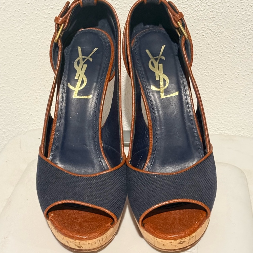 Yves Saint Laurent Navy Denim and Brown Women's Peep Toe Heels